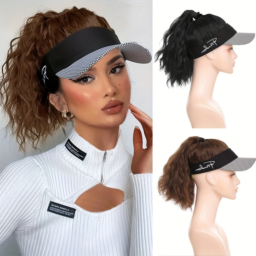 Chic Houndstooth Ponytail Baseball Cap Wig for Women - Body Wave, High-Quality Synthetic Fiber, Adjustable Rose Net Hat, Duckbill Cap, Hairpiece
